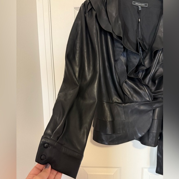 BCBGMAXAZRIA Black Ruffled Faux Leather wrap top- NWT- size XL - Picture 8 of 13